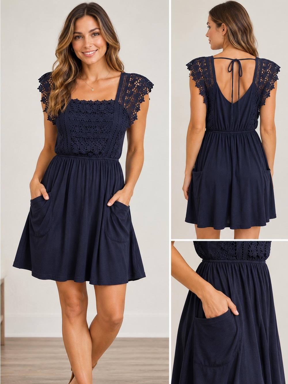 Buttons by Francesca’s Navy Blue Crochet Lace Knit Skirt Dress S